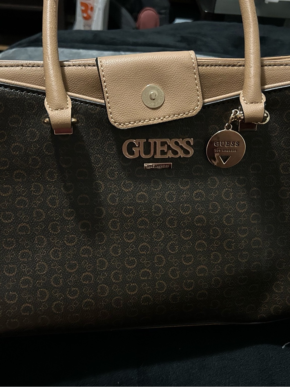 GUESS Brown Logo Tote with Tan Trim and Gold Hardware